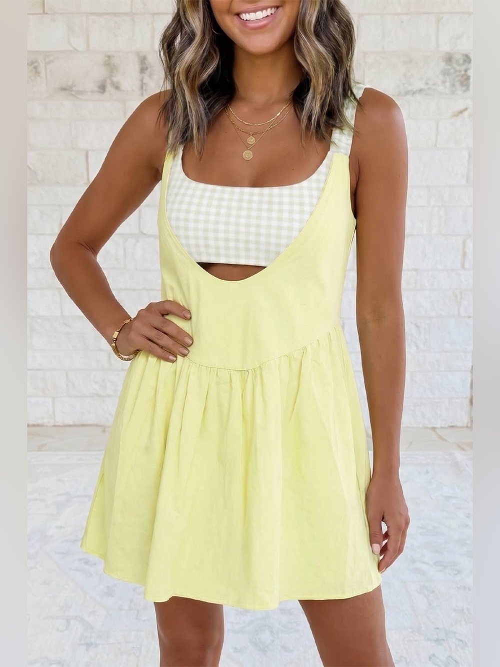 1 the Woman Yellow Cream Faux 2 Pc Gingham Contrast Patchwork Loose Mini Dress